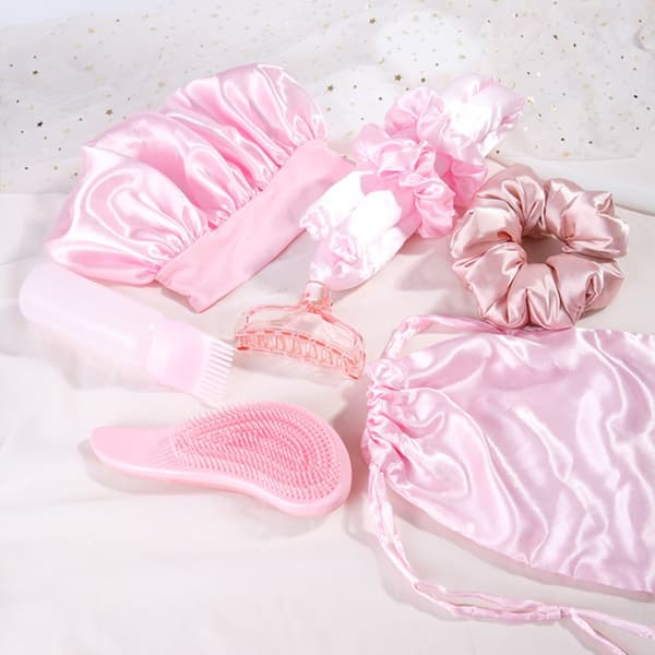 Värmefri hårlockare 9-delars set för övernattsstyling och vård – sovmössa, lockstav och kam, polyester+plast, prinsessrosa