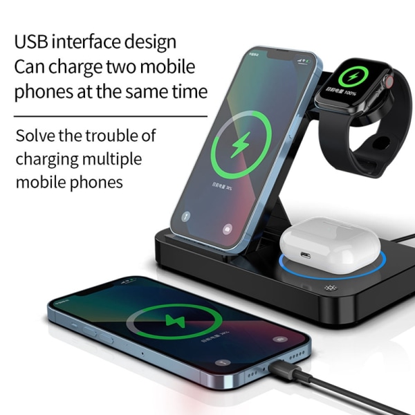 Sammenfoldelig 4-i-1 trådløs oplader til telefon, Airpods, Apple Sort