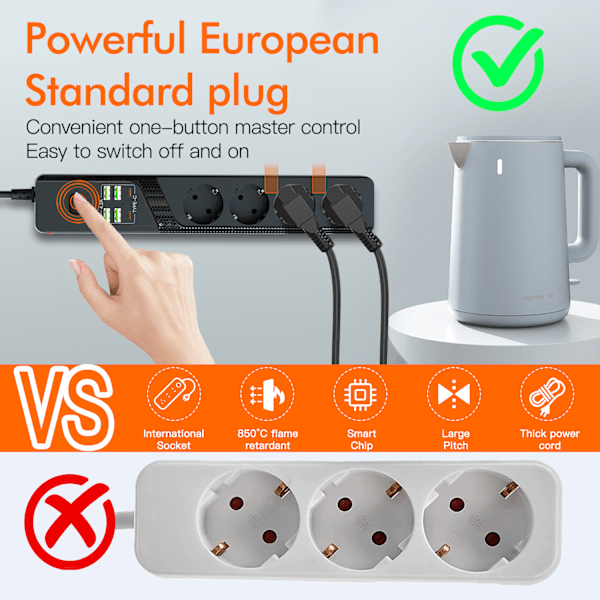 EU 4AC Power Strip 6 USB-portilla - BKL-03 Musta