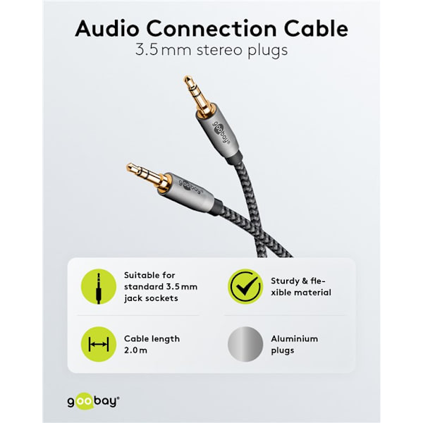 Ljudanslutningskabel AUX, 3,5 mm stereo, 2 m