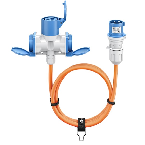 CEE-adapterkabel, CEE hane till 1x CEE hona och 2x uttag med skyddsjord, 5 m
