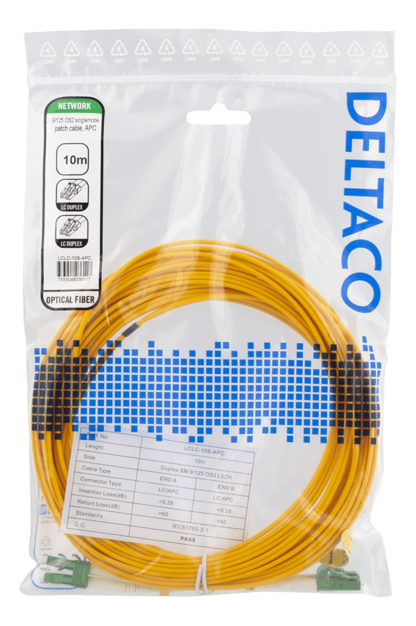 OS2 Fiber cable, LC – LC, duplex, singlemode, APC, 10m