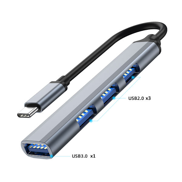 USB-C-keskitin, jossa 4 USB-porttia 5 Gbps Alumiini