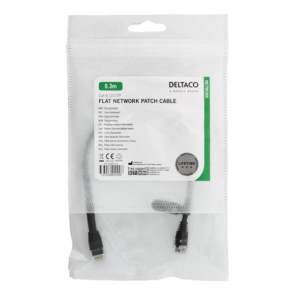 U/UTP Cat6 patch cable, flat, 0.3m, 250MHz, black