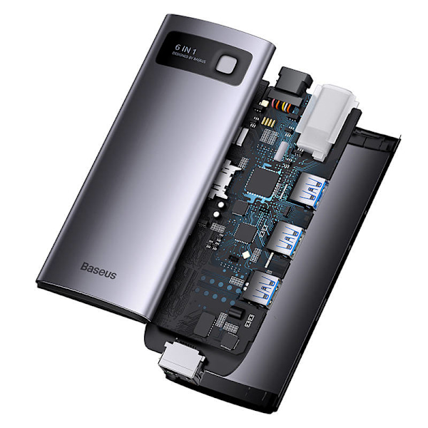 Keskitin 6in1 Baseus StarJoy -sarja, USB-C - 3x USB 3.0 + HDMI + USB-C PD + RJ45