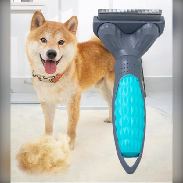 Pelsfjernelseskam til underuld - effektiv hjemmeaffjernelse for hunde og katte med trykknap-selvrens, 1 millimeter rustfri ståltænder og ergonomisk AB Blue