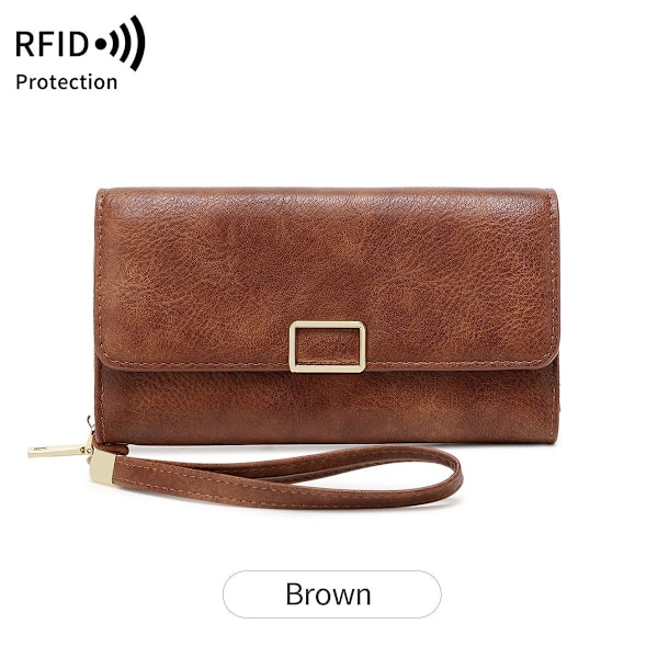Ny RFID Multifunktionel Dame Trifold Lang Tegnebog Brun