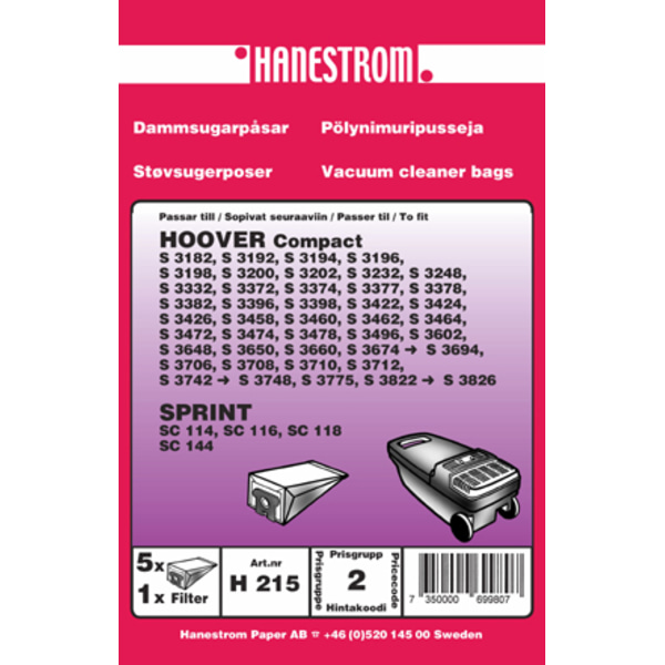 Dammsugarpåsar HOOVER COMPACT S 3182  5+1F