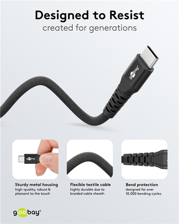 USB-C™ supersoft textilkabel med metallkontakter, 1 m, svart