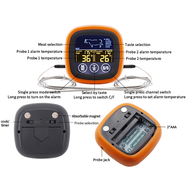 Dubbel Probe Digital Mat Termometer Pekskärm Kött Termometer