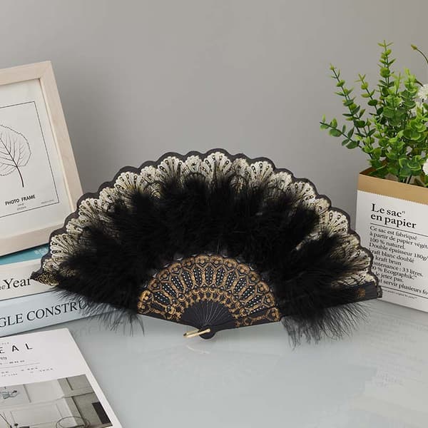 Fjer Vifte - Elegant Blonde & Satin Håndholdt Vifte Black Black