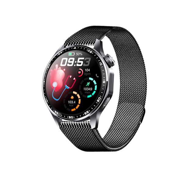 Smartwatch med EKG, pulsmåler, blodtryksmåler og skridttæller Sort Milanese rem