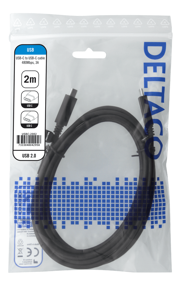 USB 2.0 -latauskaapeli, USB-C - USB-C, 3A, 2m, musta