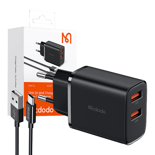 Mcdodo CH-5072 USB-A*2, 12W strømoplader + USB-A til USB-C-kabel (sort)