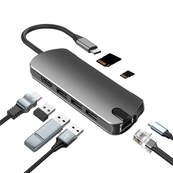 8-i-1 USB C Hub med USB 3.0, HDMI, RJ45, SD/TF-kortläsare, 100W