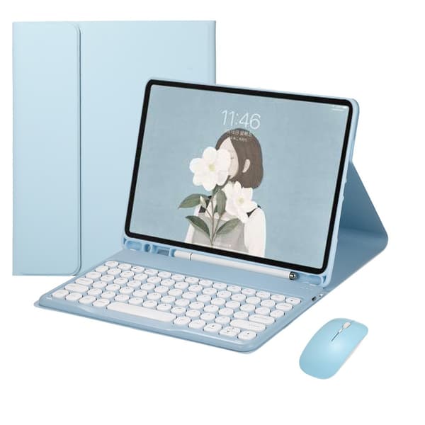 Sky Blue Bluetooth Tangentbordsfodral + Bluetooth Mus - Kompatibelt med Samsung Galaxy Tab S7 FE T730/T735 12.4 tum