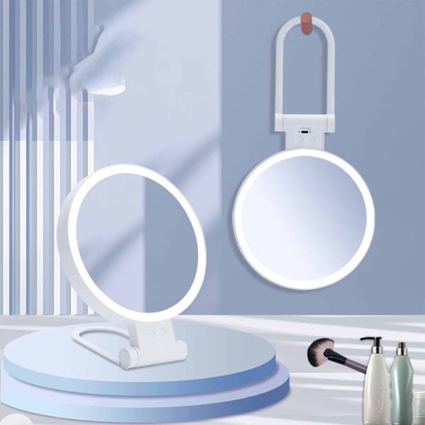 LED Makeup Spejl - 5X Forstørrende Dobbeltsidet Makeupspejl, Kompakt Design, USB Genopladelig, Perfekt til Rejser