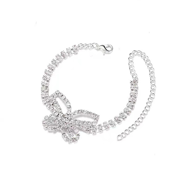 Rhinestone nilkkakoru Butterfly säädettävä Bohemisk Hopea