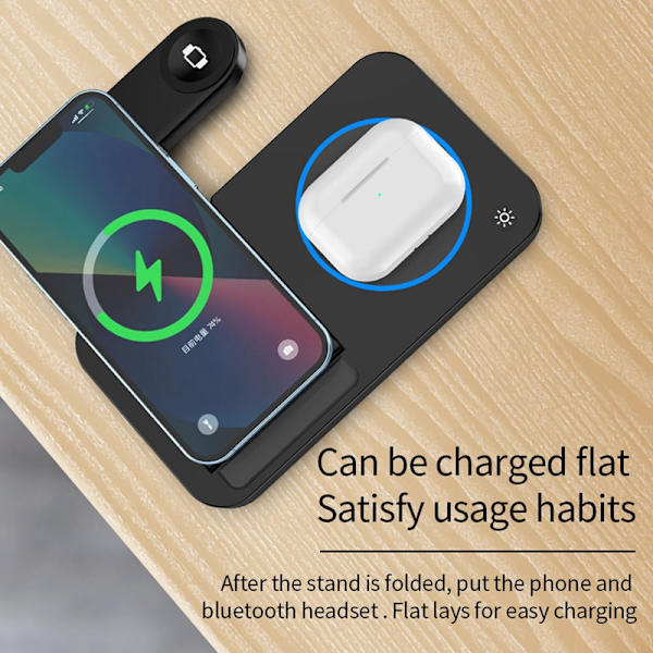 Taitettava 4-in-1 langaton laturi puhelimelle, Airpodille, Apple Watchille Musta