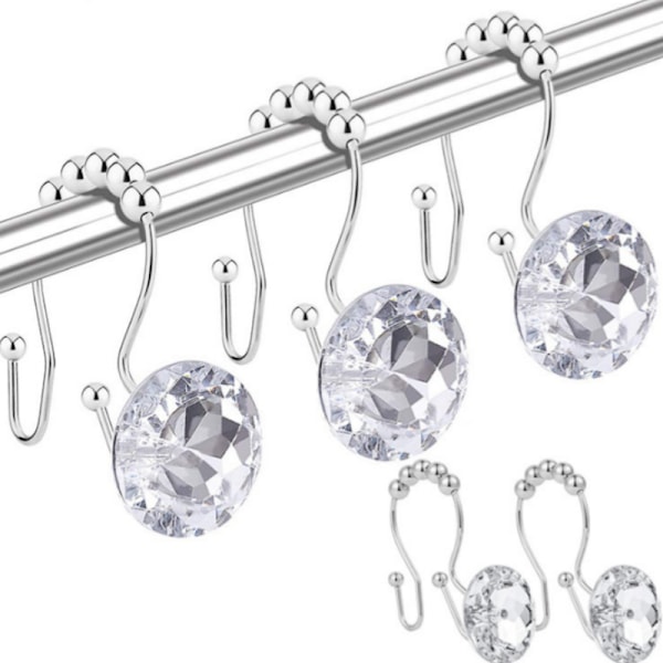 12 stk. Bruseforhængsringe, Akryl Krystal Diamant Badeforhængskroge