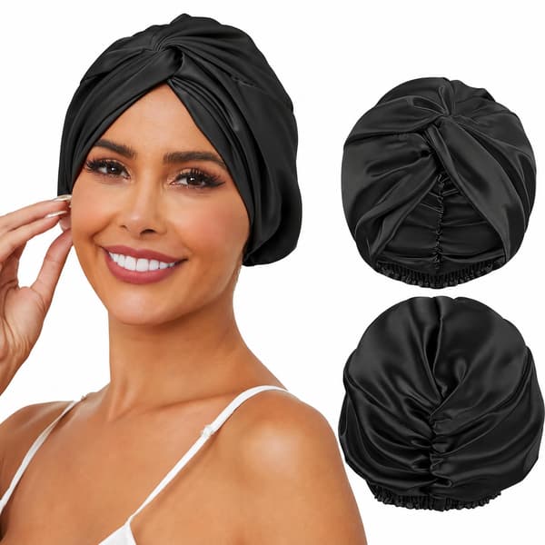 2-pack satinfodrad mössa för lockigt hår, dubbellagers sovhuva för kvinnor Black Black