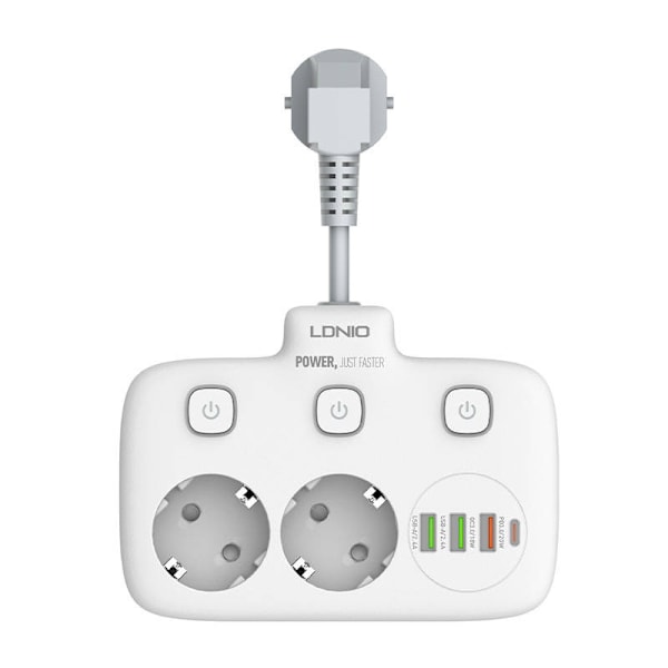 Virtajohto 2 AC-pistorasialla, 3x USB, USB-C, LDNIO SE2435, 2500W (valkoinen)