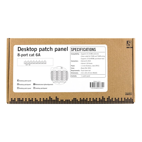 Patch Panel, 8xRJ45, Cat6a, wall-mountable, metal, black