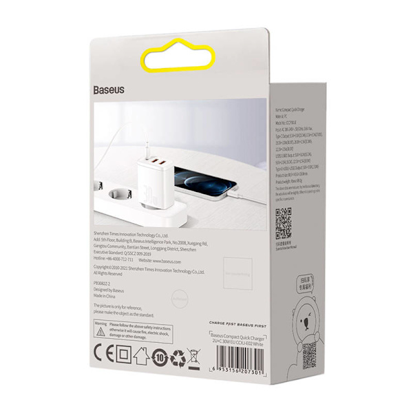 Ładowarka sieciowa Baseus kompakt snabbladdare, 2xUSB, USB-C, PD, 3A, 30W (biła)