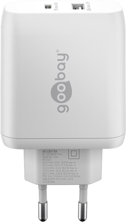 USB-C™ PD GaN -kaksoispikalaturi (45 W), valkoinen