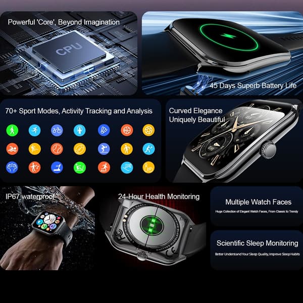 Space Gray Smartwatch med sort silikonearmbånd - Avanceret sundheds- og fitnesstracking, kompatibel med Android og iOS