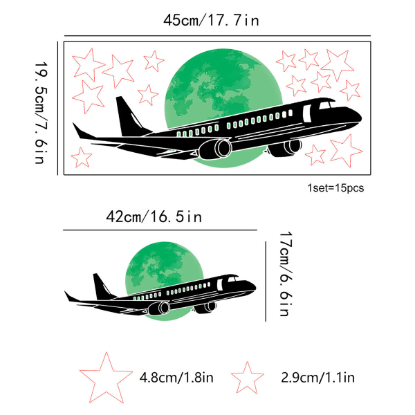 Glow in the Dark Plane Stars-klistermærker Grøn