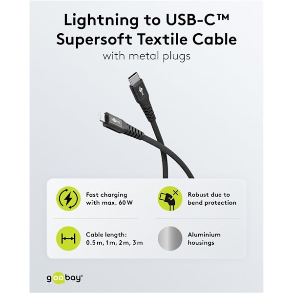 Lightning-USB-C™ supersoft textilkabel med metallkontakter, 0,5 m, svart