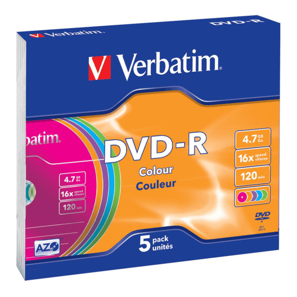 DVD-R, 16x, 4.7 GB/120 min, 5-pack slim case, AZO, colored
