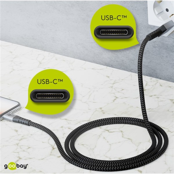 USB-C™-till-USB-C™-textilkabel med metallkontakter 2 m