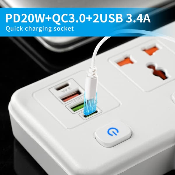 Seinälataussovitin erillisellä kytkimellä, 2 yleispistorasiaa, PD 20W & QC 3.0 -pikalataus White White