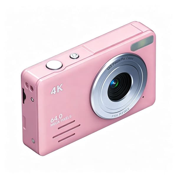 4K digitalkamera med 64MP-sensor, 18x zoom, 2.88-tums LCD och kompakt rosa design