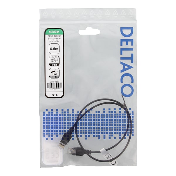 U/UTP Cat6 patch cable slim, 2.6 mm⌀, 0.5m 500MHz black