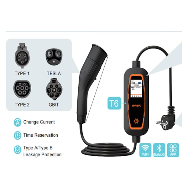 T6 EV-laddare 16A 3,5KW med indikatorlampa - 5 meter