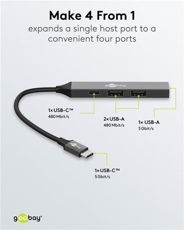 Slim 4-ports USB-hub, USB-C™ til USB-C™/USB-A, 5 Gbit/s