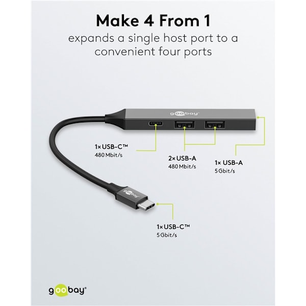 Slim USB-hubb med 4 portar, USB-C™ till USB-C™/USB-A, 5 Gbit/s