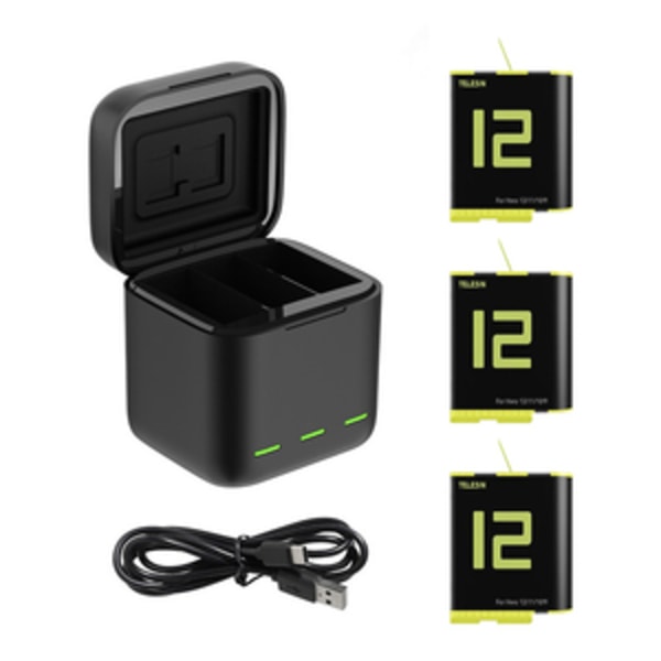 Box Telesin trekanalsladdare + 3 batterier för GoPro Hero 12 / 11 / 10 / 9 (GP-BNC-902-B)