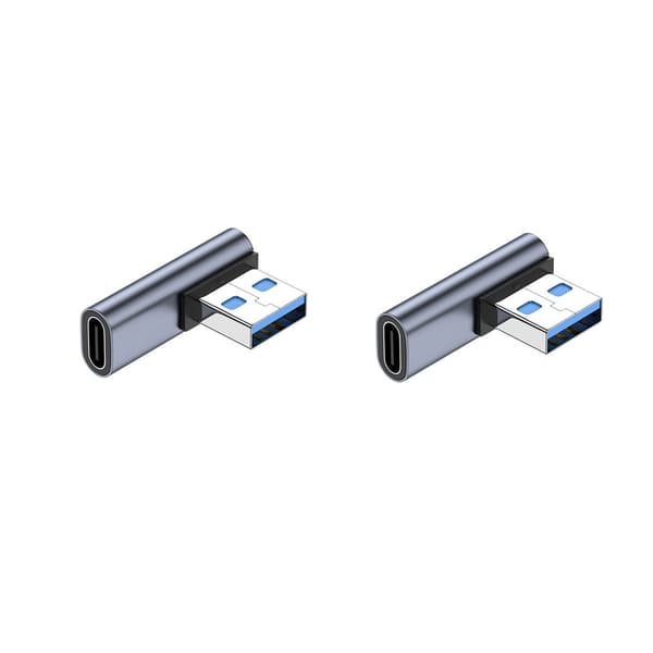 2 kpl Kulmallinen USB-C Naaras - USB-A Uros -sovitin: Virta- ja tiedonsiirto