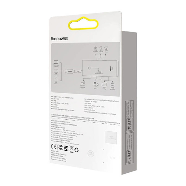 Hub Baseus OS Lite 6-portti (C-tyyppi HDMI+USB3.0*2+PD+SD/TF) (musta