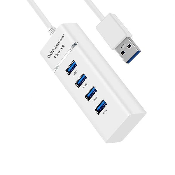 USB 3.0 Hub med LED-indikator og strømafbryder, 4-Port højhastigheds 5Gbps datahub, kompatibel med Windows, macOS og Linux White White