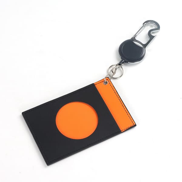 Infällbar märkeshållare med PU-läderfodral och karbinhake - Orange