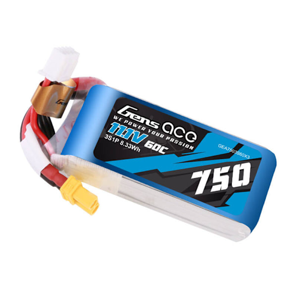 Gens Ace 750mAH 11.1V 60C 3S1P Lipo akku XT30-liittimellä