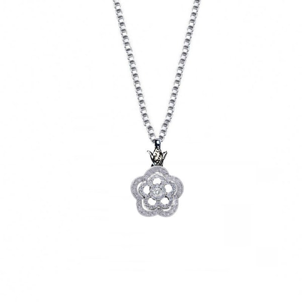 Halsband med hänge med syntetiska diamanter - blomma - silver
