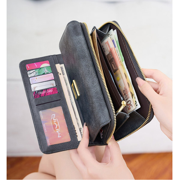 Ny RFID Multifunktionel Dame Trifold Lang Tegnebog Grå