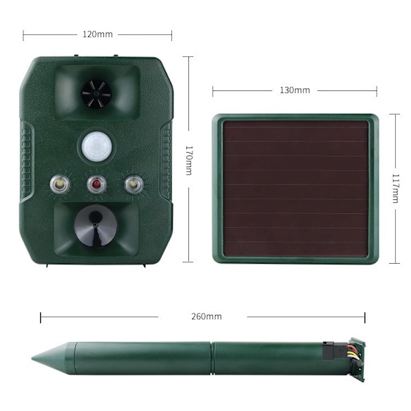INF Solcellsdriven skadedjursskrämma med ultraljud, rörelsesensor och ljud
