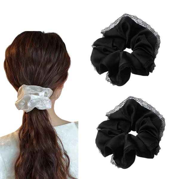 Scrunchie 2-pack volymgivande polyesterhårsnodd för ponytail och knut med fransk spets, högelastisk kärna, mjuk touch och fluffig form Black Black